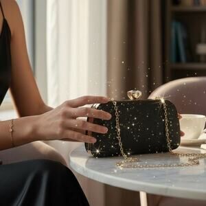 NWT Sparkly Black Glitter Clutch Crossbody Shoulder Bag Hardshell Evening Purse